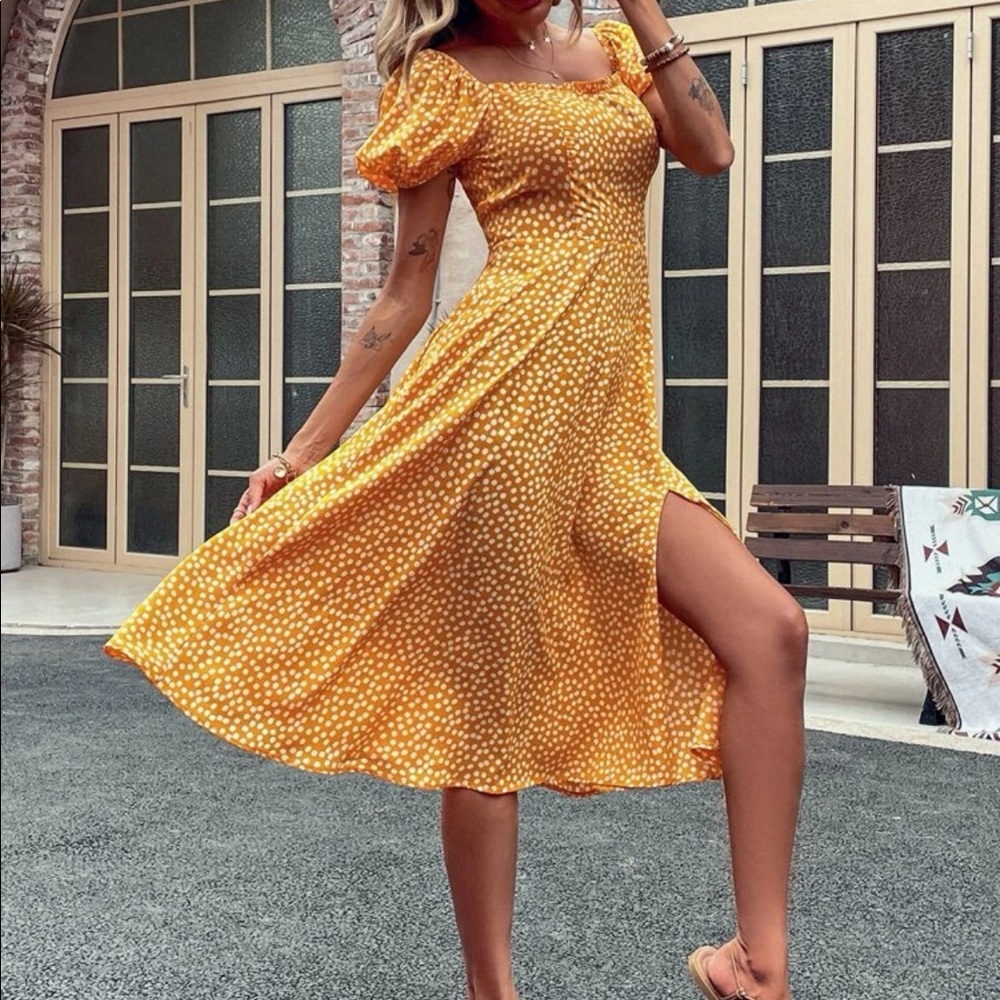 Boho polka dots puff sleeve slit thigh dress - Picture 12 of 16